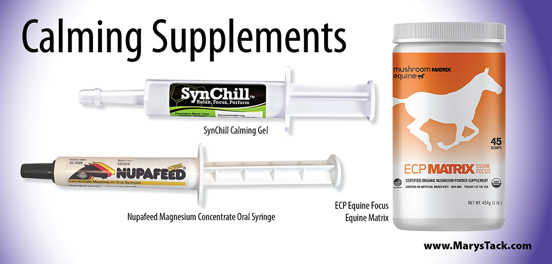 Calming Supplements for Horses Supplements and oral syringes with therapeutic calming treatments for horses